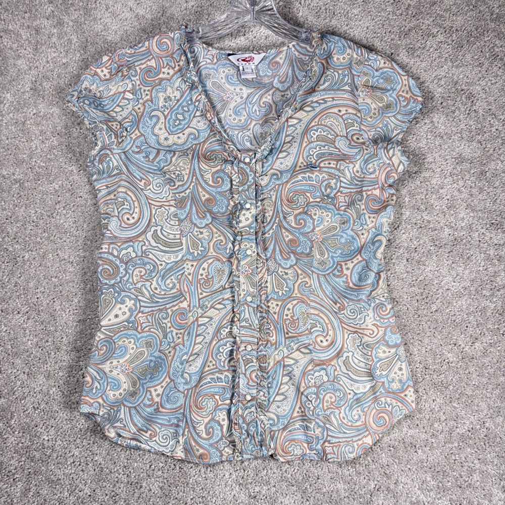 Roper Women's Paisley Print Button‎ Front Ruffle Blouse Top Size L